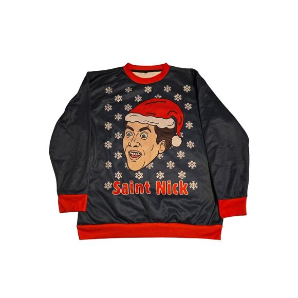 Nicolas Cage Christmas Sweater Funny Internet Meme Saint Nick Xmas - Picture 1 of 2